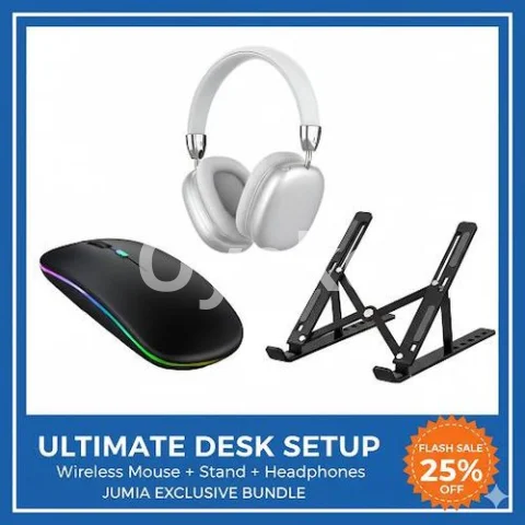3-in-1 Home Office Bundle – Laptop Stand, Wireless Mouse & Bluetooth Headphones Productivity Kit