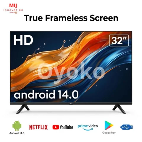 Mi+ MIJS3208A 32 Inch Frameless HD LED Smart TV – Android 14, HD Display, 12 Month Warranty, HDMI, USB.