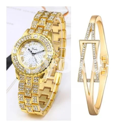 Elegant Fashion Women Rhinestone Wrist Watch With Bracelet-Gold