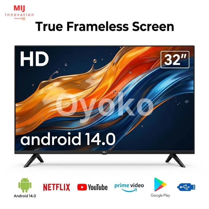 Mi+ MIJS3208A 32 Inch Frameless HD LED Smart TV – Android 14, HD Display, 12 Month Warranty, HDMI, USB.