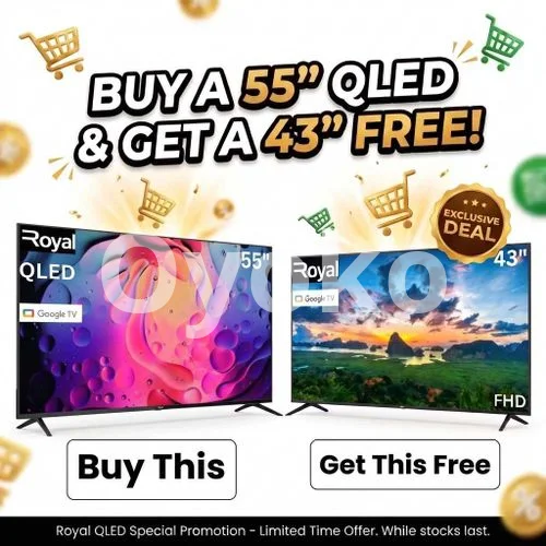 Royal Combo Offer – Royal 55" QLED Google TV (RTV55N9C) + FREE 43" FHD Smart TV + 12 Months Warranty